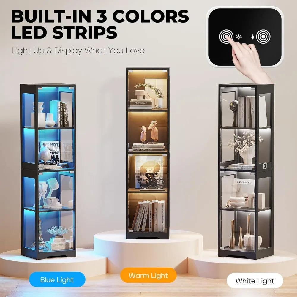 4-Tier Glass Display Cabinet with 3 Color LED Lights & Human Body Sensor for Collectibles, Books, Figurines - Black