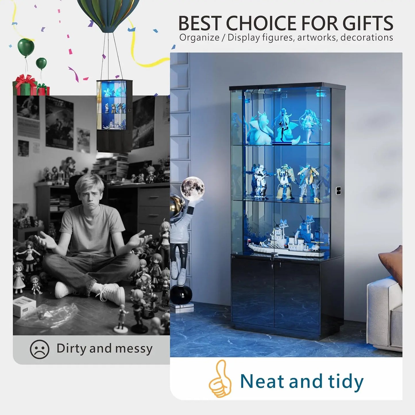 71” Glass Display Cabinet with Lights, Modern Curio Cabinet Display Cases for Collectibles, Locking Cabinet with, Customized