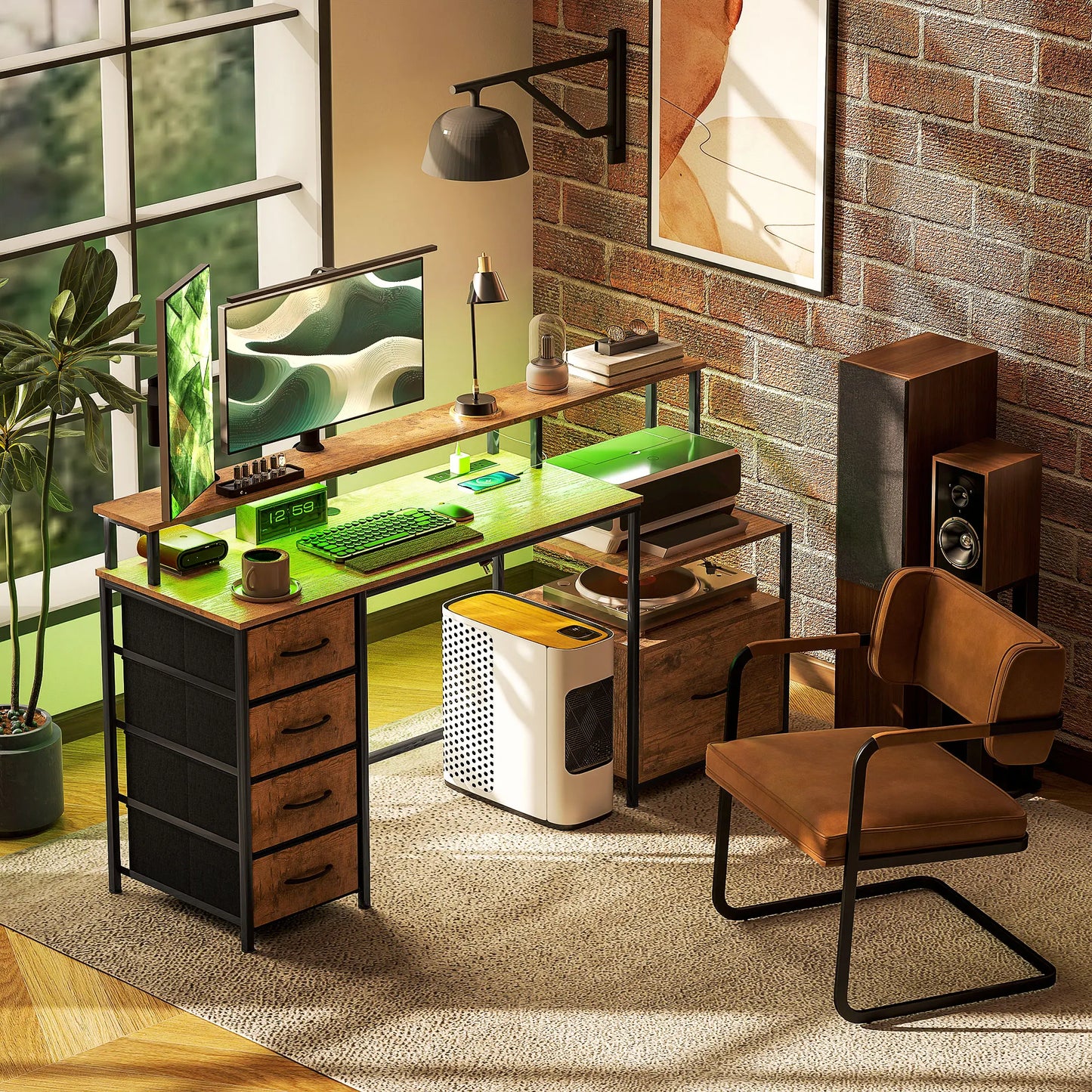 Computer Desk with Power Outlets and Led Lights, 67" Computer Table with File Cabinet and Fabric Drawers, Black