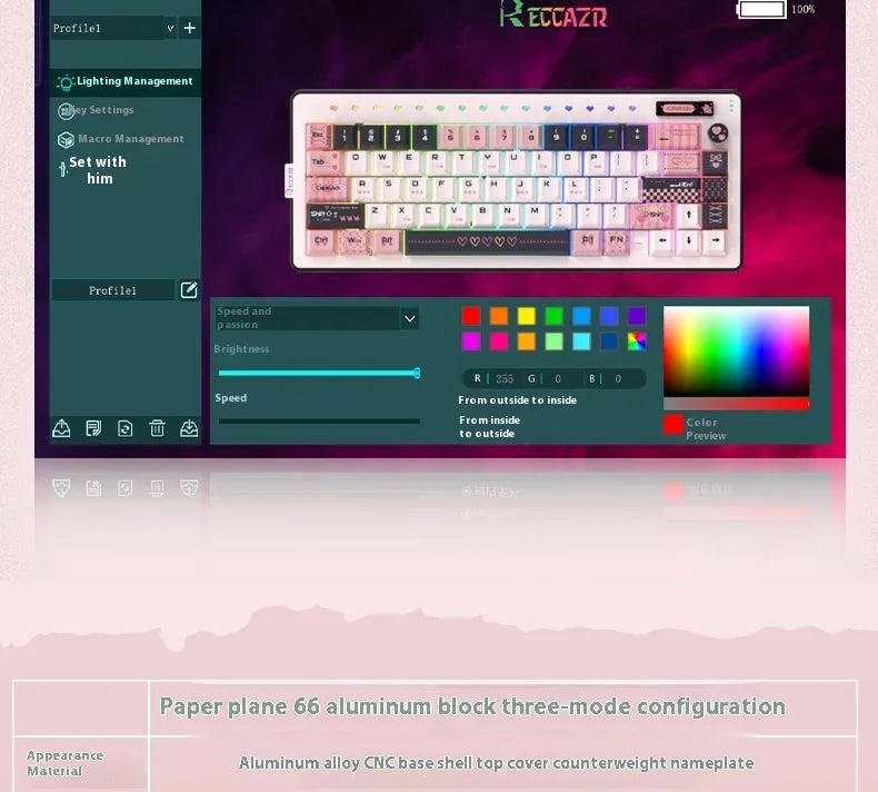 RECCAZR Paper Plane66 R66 Mechanical Keyboard Kit Aluminum RGB Gasket Structure Hot Swap with Control Knob Tri-mode Keyboard