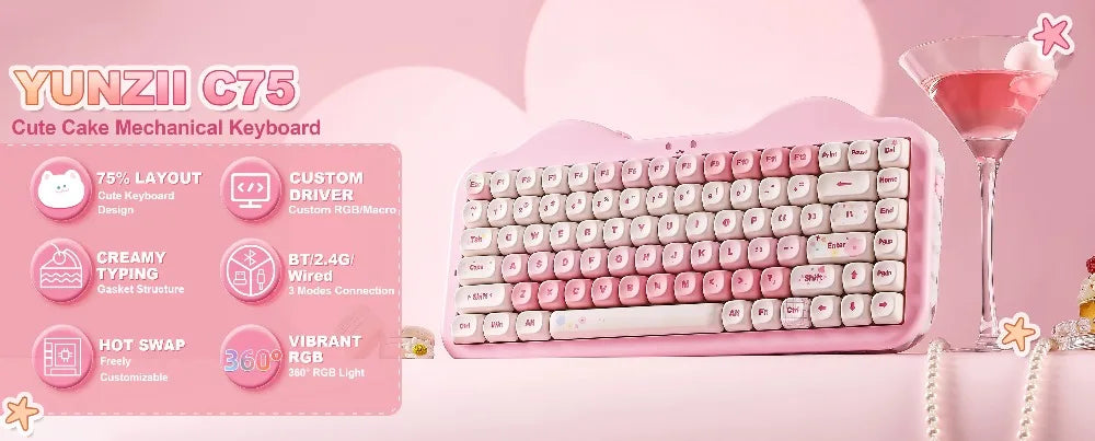 YUNZII C75 Mechanical Keyboard Tri-Mode Wireless RGB Gamer Keyboard Gasket Cute Design Hot Swap Ergonomics Gaming Accessories
