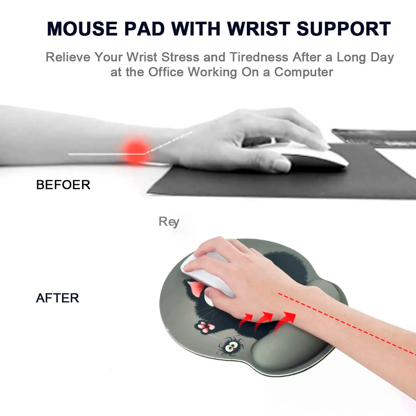 Personalized Cat Mouse Pad,Ergonomic Mouse Pad with Wrist Support,Memory Foam Non-Slip Rubber Base,Playful Animal Mouse Pad