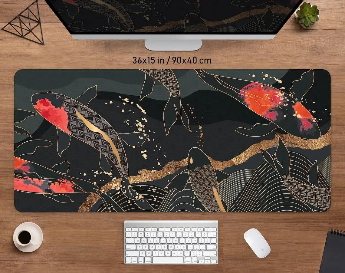 Kawaii Desk Mat koi Fish Mousepad Black Gold Large XXL Gaming Deskmat Minimal Marble Boho Chic Desk Decor Small mouse pad