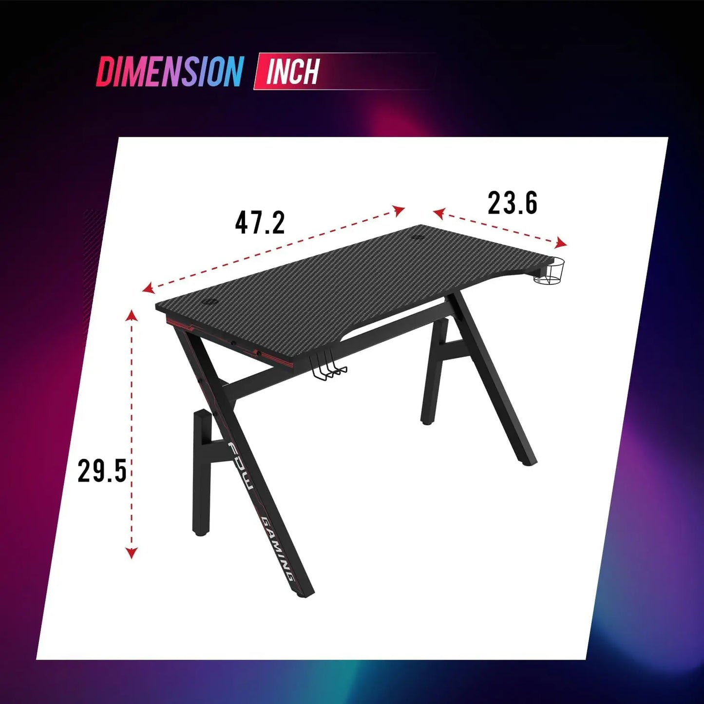 47" Gaming Desk with Carbon Fiber Texture, Cup Holder & Headphone Hook - Sturdy Steel Frame for Home Office