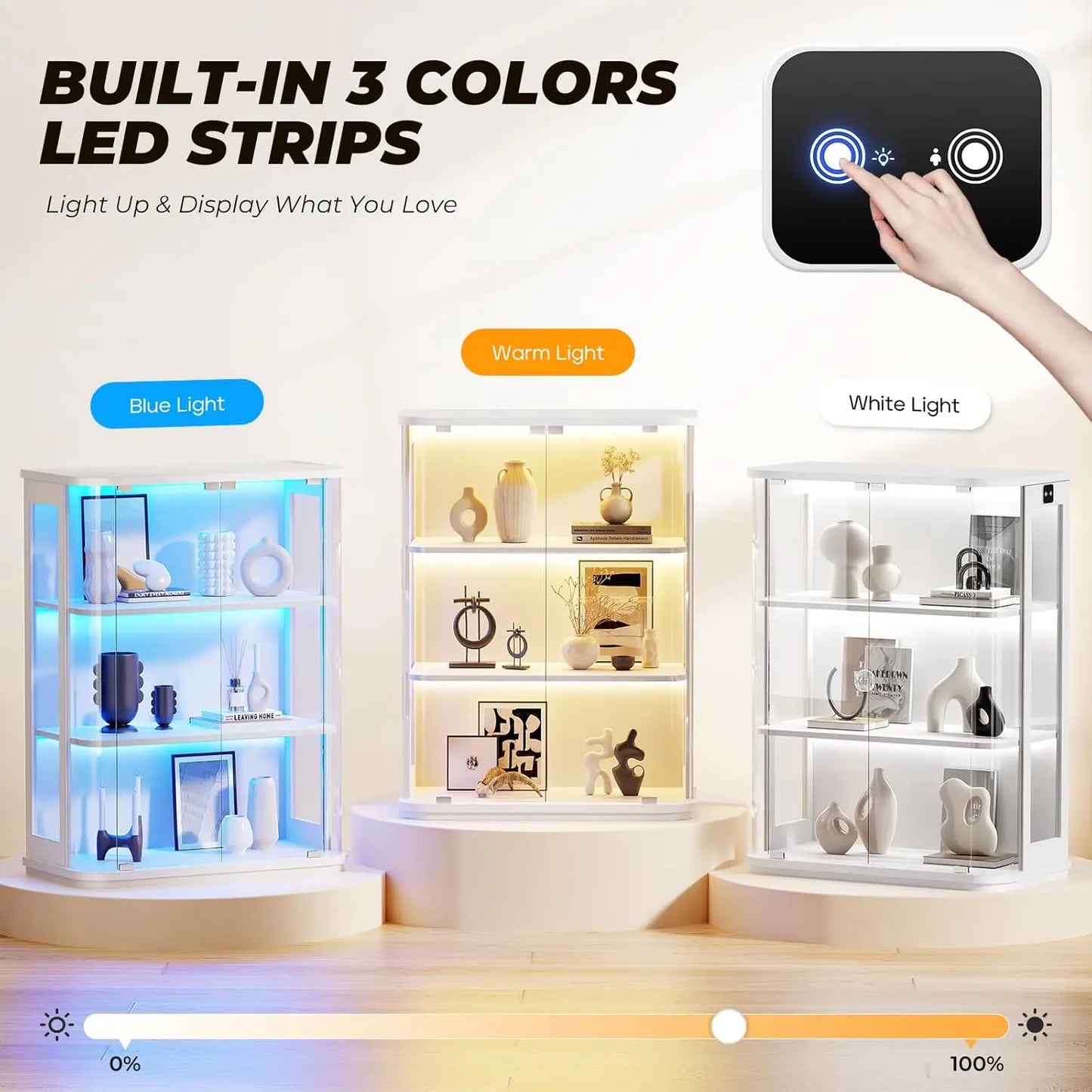 Rounded Display Cabinet with Glass Door, 3-Tier Curio Cabinet with 3 Color Lights for Collectibles, Glass Display, Customized