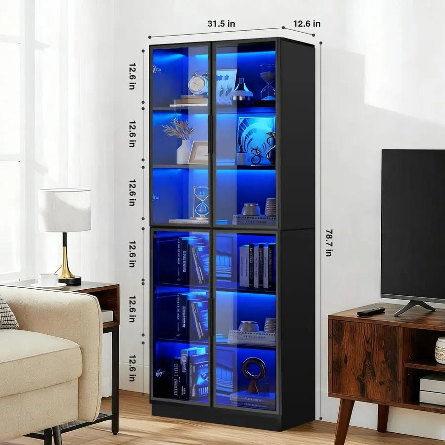 Display Cabinet,78 Inch High Bookshelf, MultiColor LED Ambient Lighting, 6Story Large Storage Space, Transparent Tempered Glass