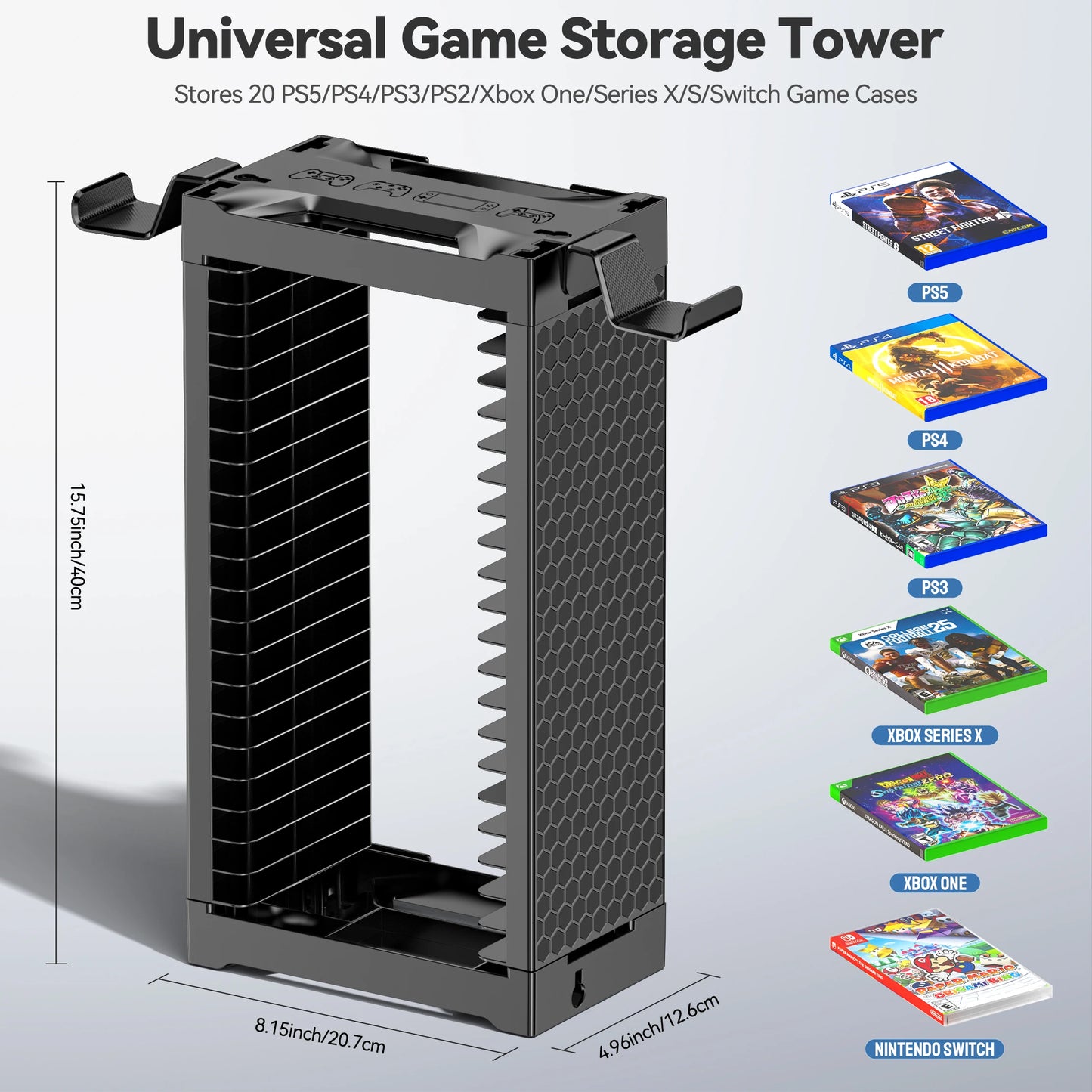 Video Game Storage Tower Holder with Controller Stand Wall Mount Game Organizers Vertical & Horizontal Stand for 20 Gaming Discs