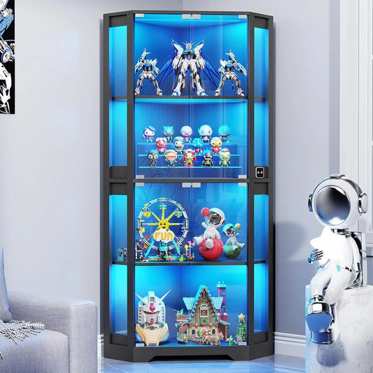 Corner Display Cabinet with Glass Doors, 65" Lighted Curio Cabinet with 3 Color LED Lights for Collectibles, 4-Tier, Customized