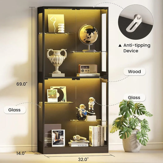 69-Inch Glass Display Cabinet with RGB Lighting, Adjustable Shelves for Game Room, Living Room, Bedroom - Black