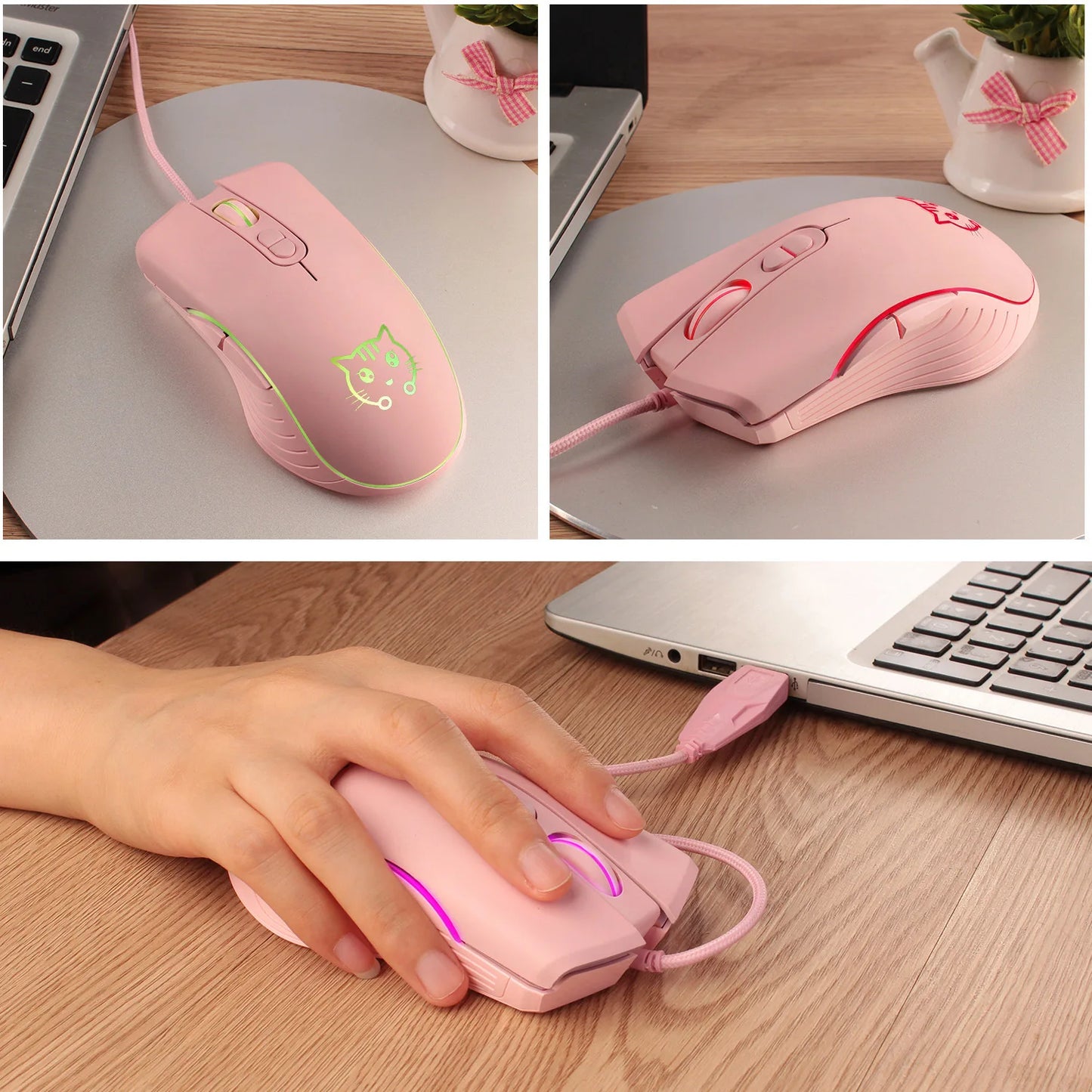 USB Wired Gaming Mouse Pink Computer Professional E-sports Mause 2400 DPI Colorful Backlit Silent Mice for Lol Data Laptop Pc