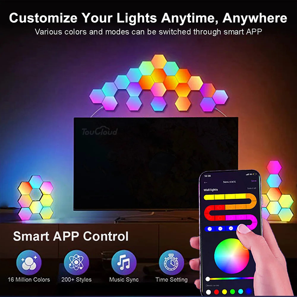 Smart Hexagonal Wall Lamp Color Change Ambient Night Light DIY Shape Music Sync MeRGBW APP Gaming RGB Hexagon LED Lights Bedroom