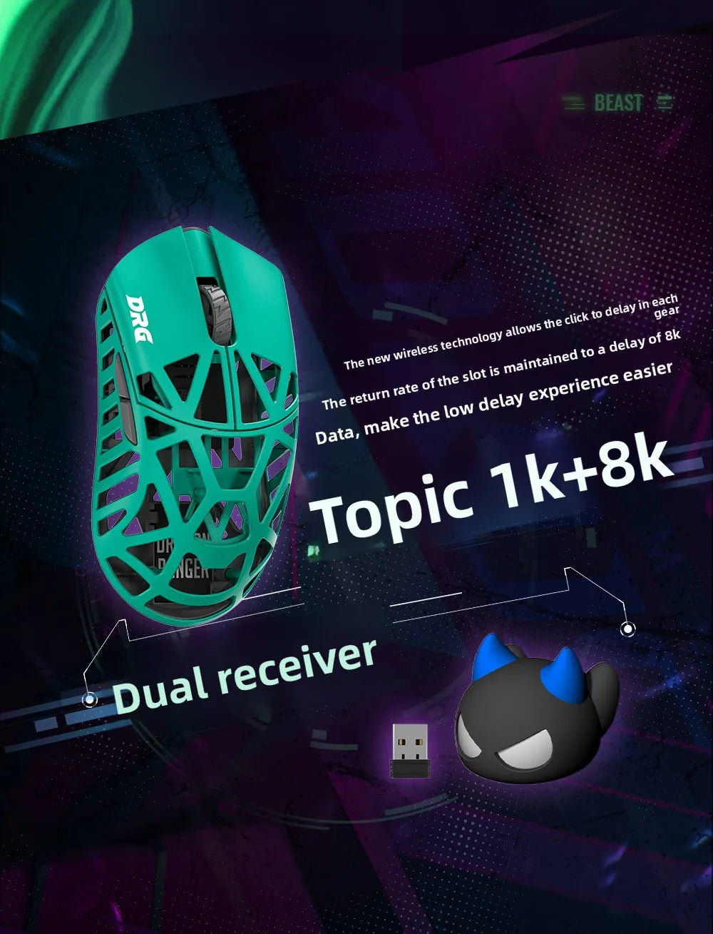 WLMOUSE X DRG Beast Mouse Magnesium Alloy Wireless Mouse Lightweight 34g 8K PAW3950hs Fast Response Gamer Gaming Accessories