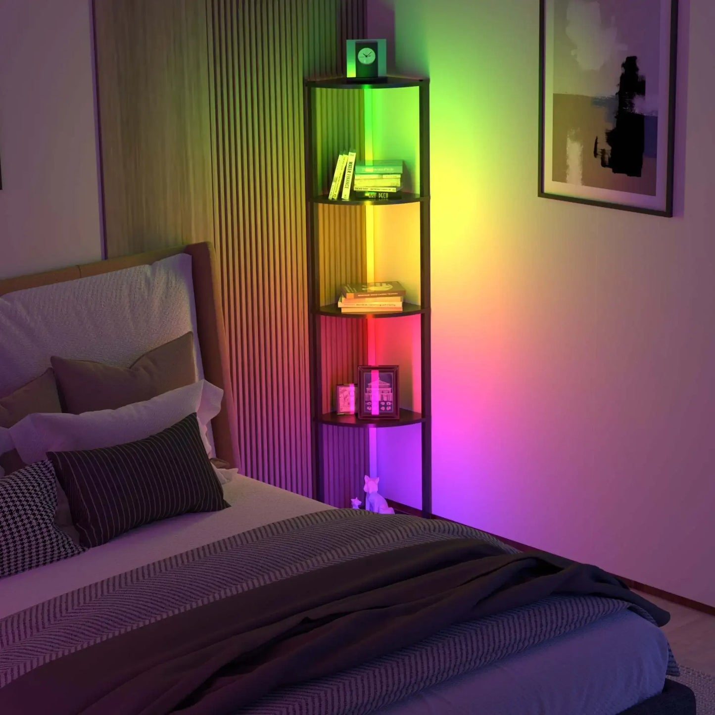 Corner Shelf Bookshelf with RGB LED Lights, 5-Tier Corner Bookshelf Organizer, 64" Corner Cabinet Wood Display Shelf