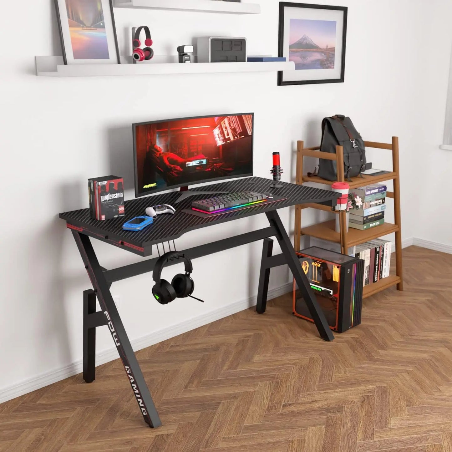 47" Gaming Desk with Carbon Fiber Texture, Cup Holder & Headphone Hook - Sturdy Steel Frame for Home Office