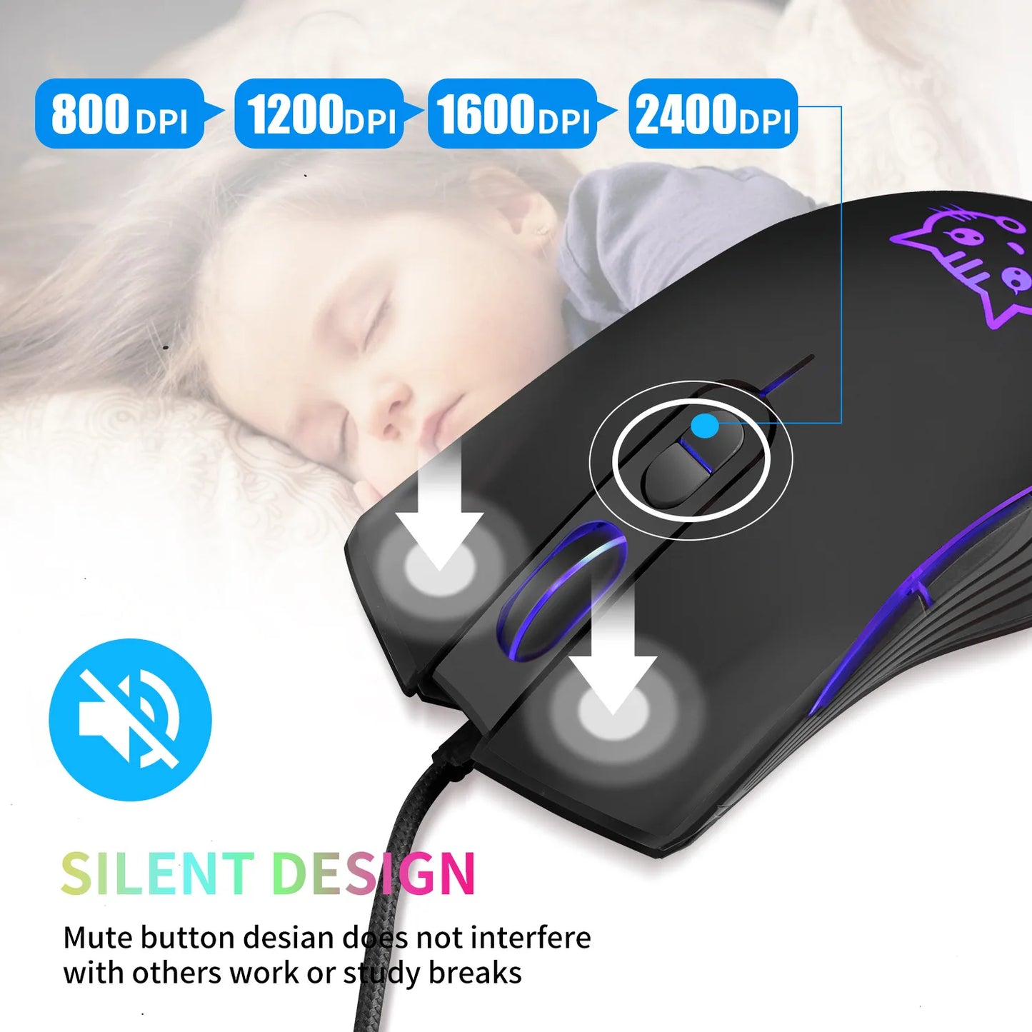 USB Wired Gaming Mouse Pink Computer Professional E-sports Mause 2400 DPI Colorful Backlit Silent Mice for Lol Data Laptop Pc