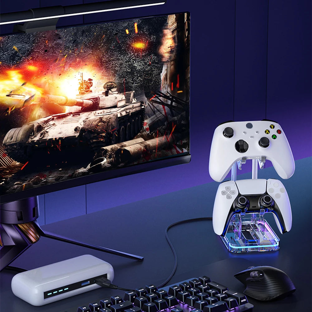 RGB Dual Game Controller Holder Space Saving Desk Mount Controller Display Stand Anti-Slip Anti-Scratch for PS5 PS4 Switch Xbox