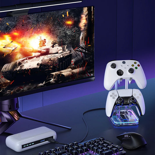 RGB Dual Game Controller Holder Space Saving Desk Mount Controller Display Stand Anti-Slip Anti-Scratch for PS5 PS4 Switch Xbox