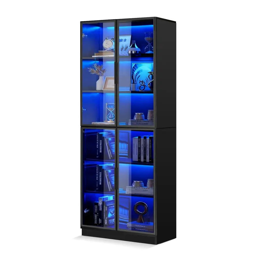Display Cabinet,78 Inch High Bookshelf, MultiColor LED Ambient Lighting, 6Story Large Storage Space, Transparent Tempered Glass