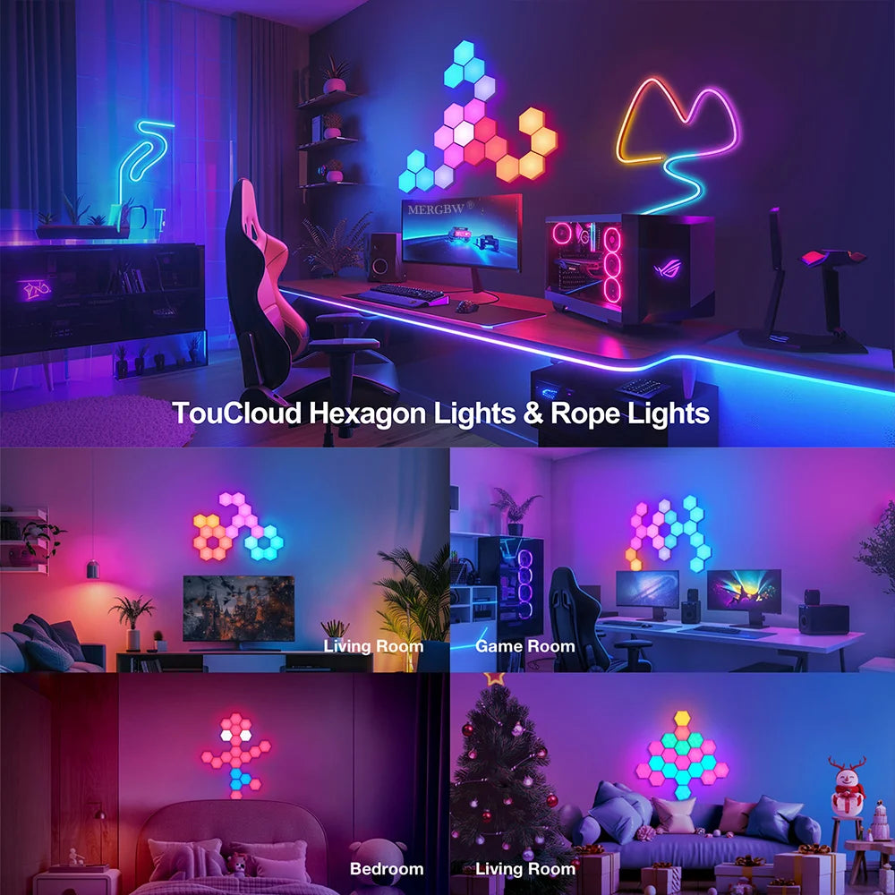 Smart Hexagonal Wall Lamp Color Change Ambient Night Light DIY Shape Music Sync MeRGBW APP Gaming RGB Hexagon LED Lights Bedroom