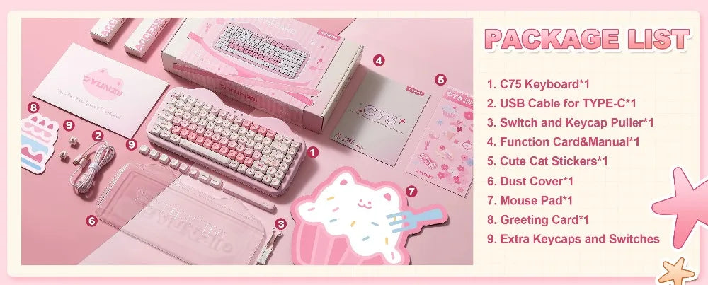 YUNZII C75 Mechanical Keyboard Tri-Mode Wireless RGB Gamer Keyboard Gasket Cute Design Hot Swap Ergonomics Gaming Accessories