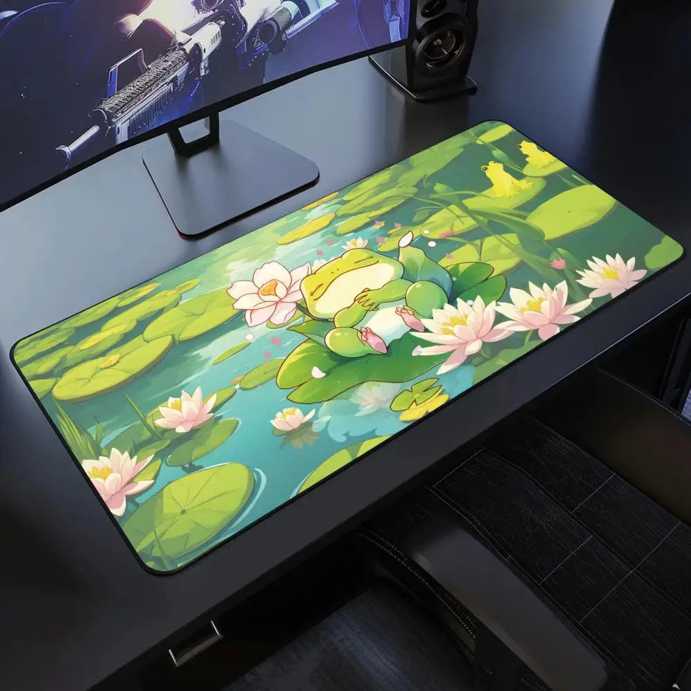 Kawaii frogs Desk Mat Large Gaming Mousepad Xxl Cute Mouse Pad Anime Aesthetic Cozi Lofi Plant Nature Green Extended Deskmat