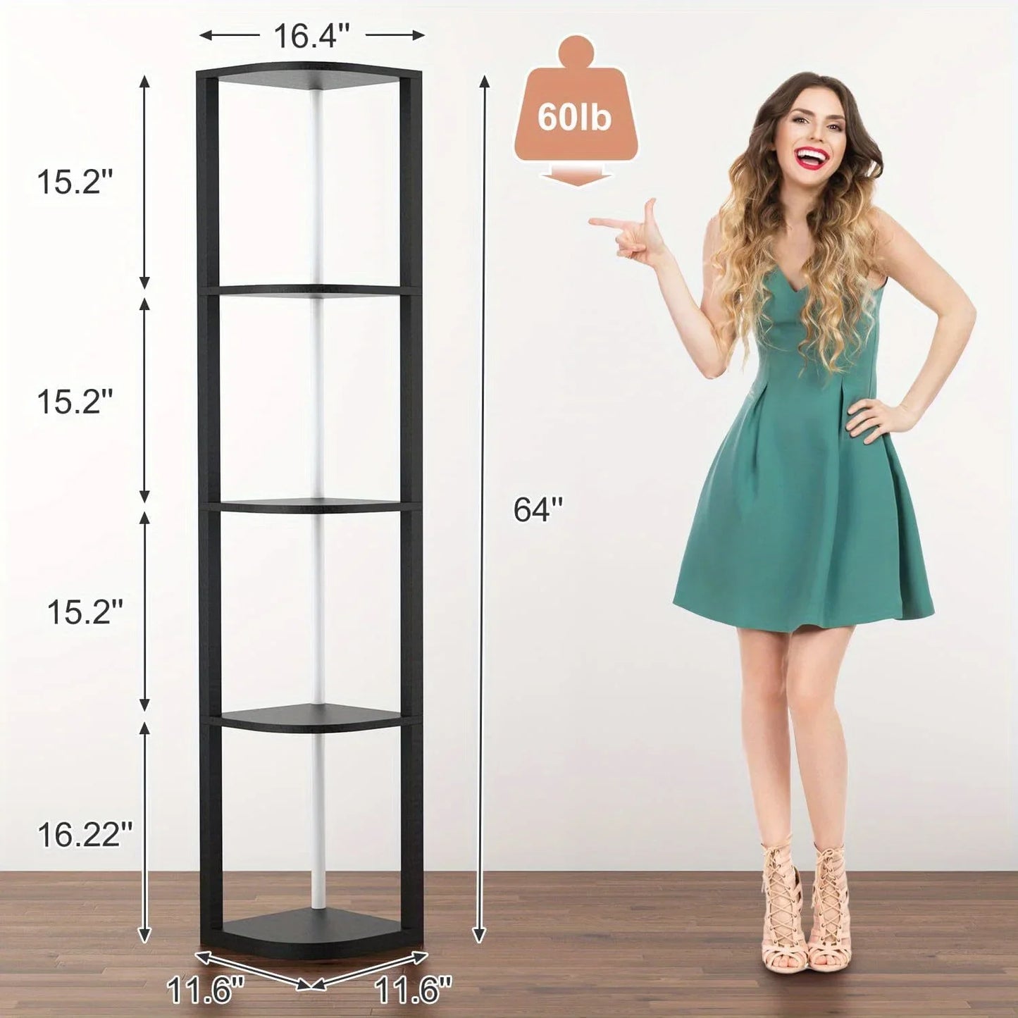 Corner Shelf Bookshelf with RGB LED Lights, 5-Tier Corner Bookshelf Organizer, 64" Corner Cabinet Wood Display Shelf