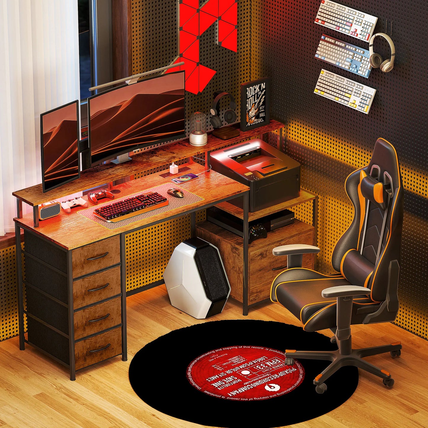 Computer Desk with Power Outlets and Led Lights, 67" Computer Table with File Cabinet and Fabric Drawers, Black