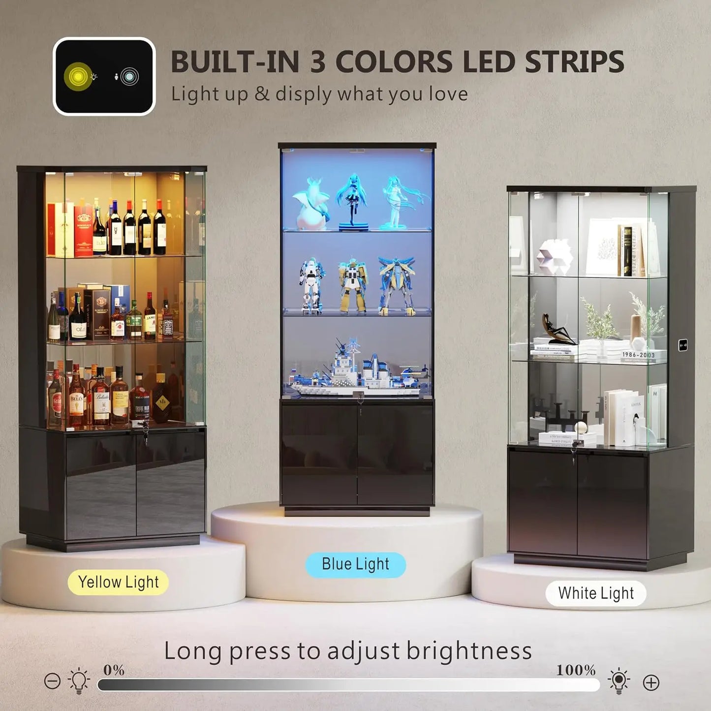 71” Glass Display Cabinet with Lights, Modern Curio Cabinet Display Cases for Collectibles, Locking Cabinet with, Customized