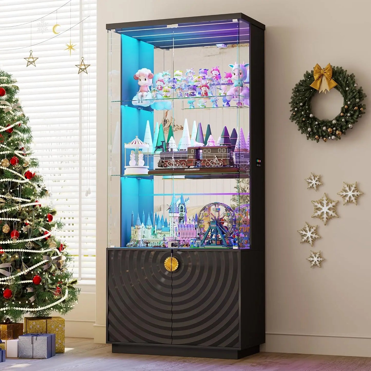 71” Glass Display Cabinet with Lights, Modern Curio Cabinet Display Cases for Collectibles, Locking Cabinet with, Customized