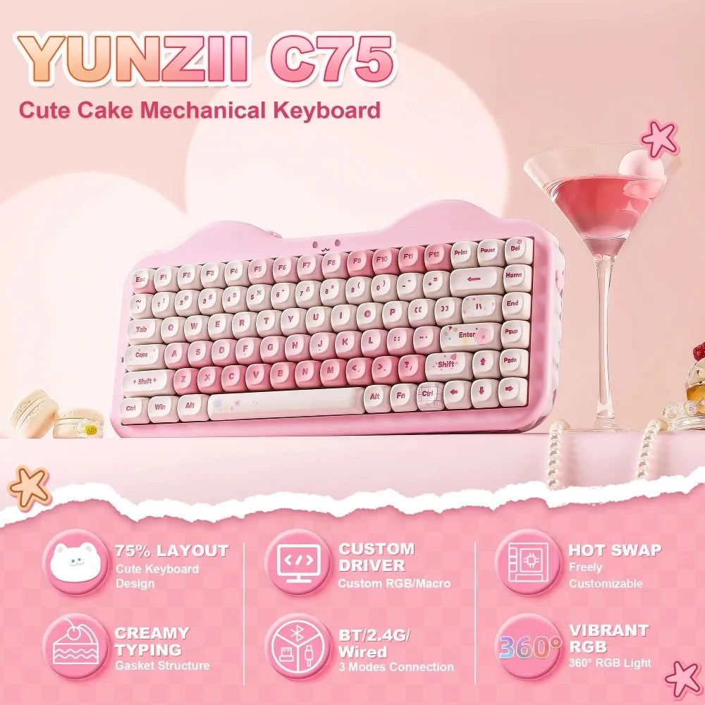 YUNZII C75 Mechanical Keyboard Tri-Mode Wireless RGB Gamer Keyboard Gasket Cute Design Hot Swap Ergonomics Gaming Accessories