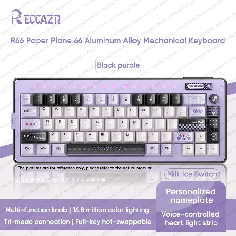 RECCAZR Paper Plane66 R66 Mechanical Keyboard Kit Aluminum RGB Gasket Structure Hot Swap with Control Knob Tri-mode Keyboard