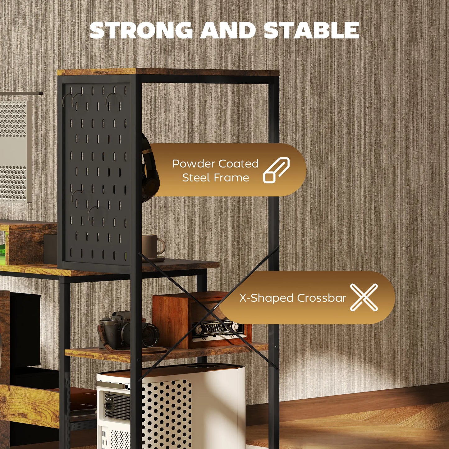 56" Computer Desk with Storage, Computer Table with Power Outlets and Led Lights, Black