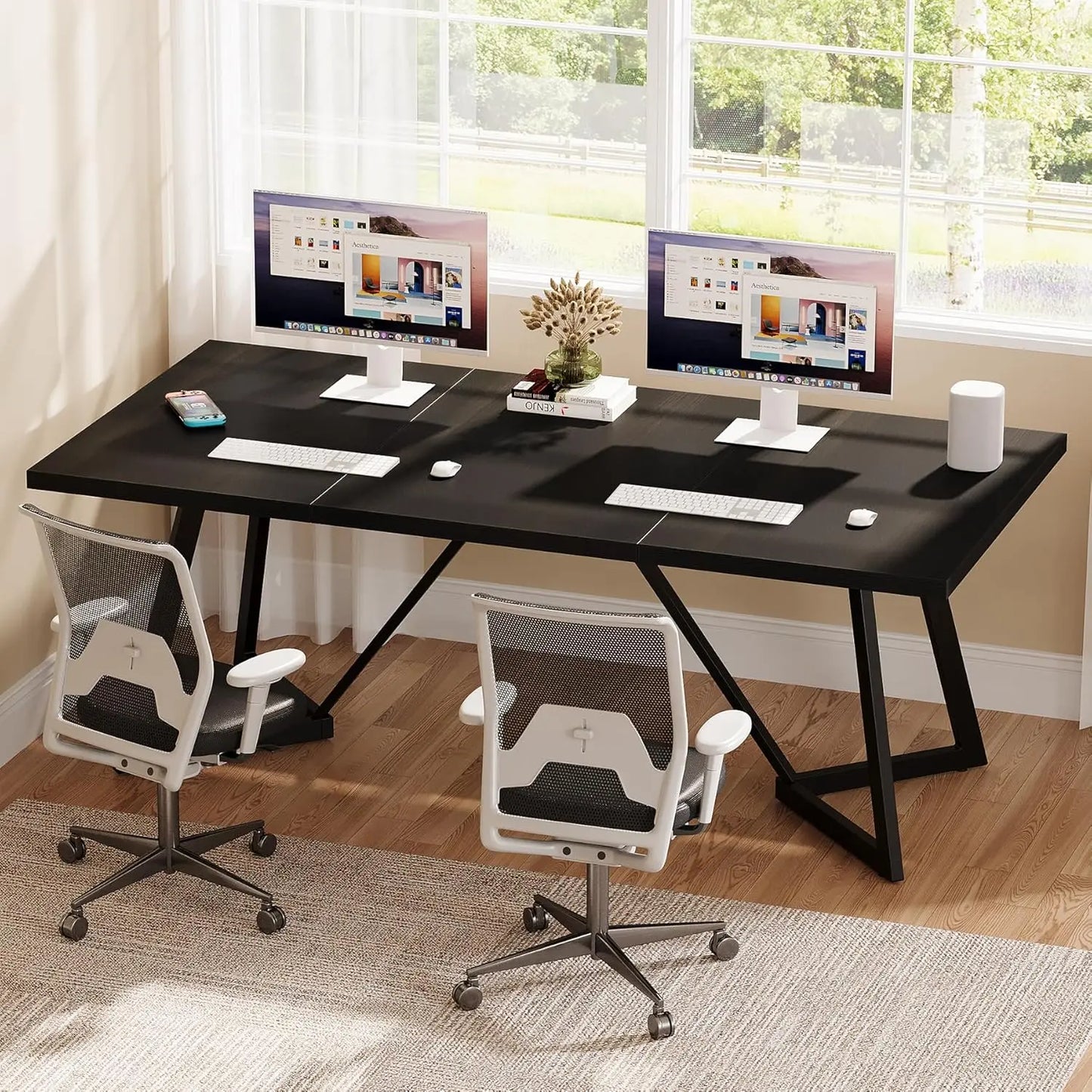 70.86-Inch Large Executive Desk, Modern Computer Office Desk Workstation with Metal Frame, Writing Table for Home Office