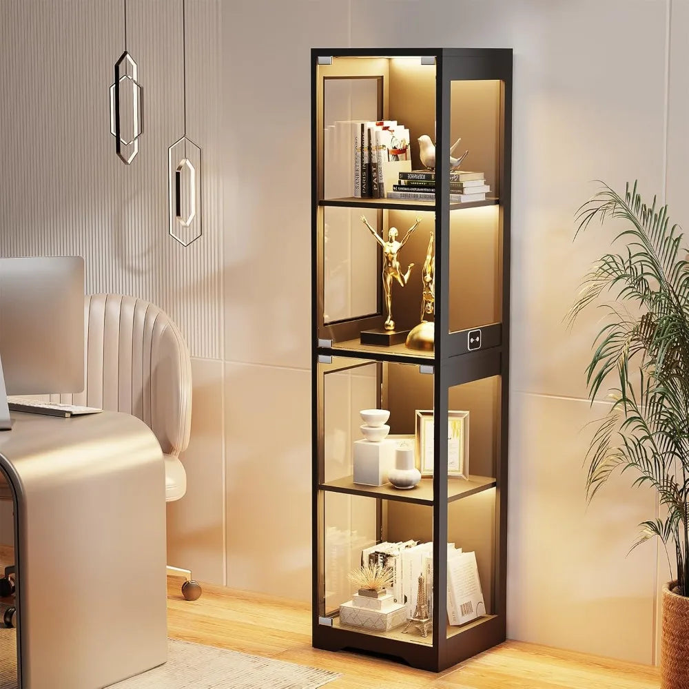 4-Tier Glass Display Cabinet with 3 Color LED Lights & Human Body Sensor for Collectibles, Books, Figurines - Black