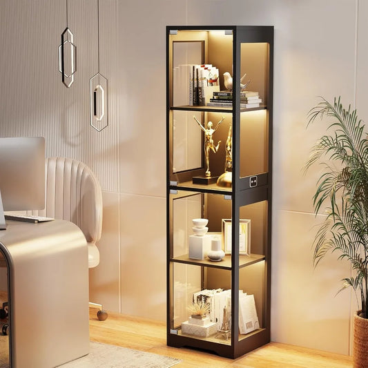 4-Tier Glass Display Cabinet with 3 Color LED Lights & Human Body Sensor for Collectibles, Books, Figurines - Black