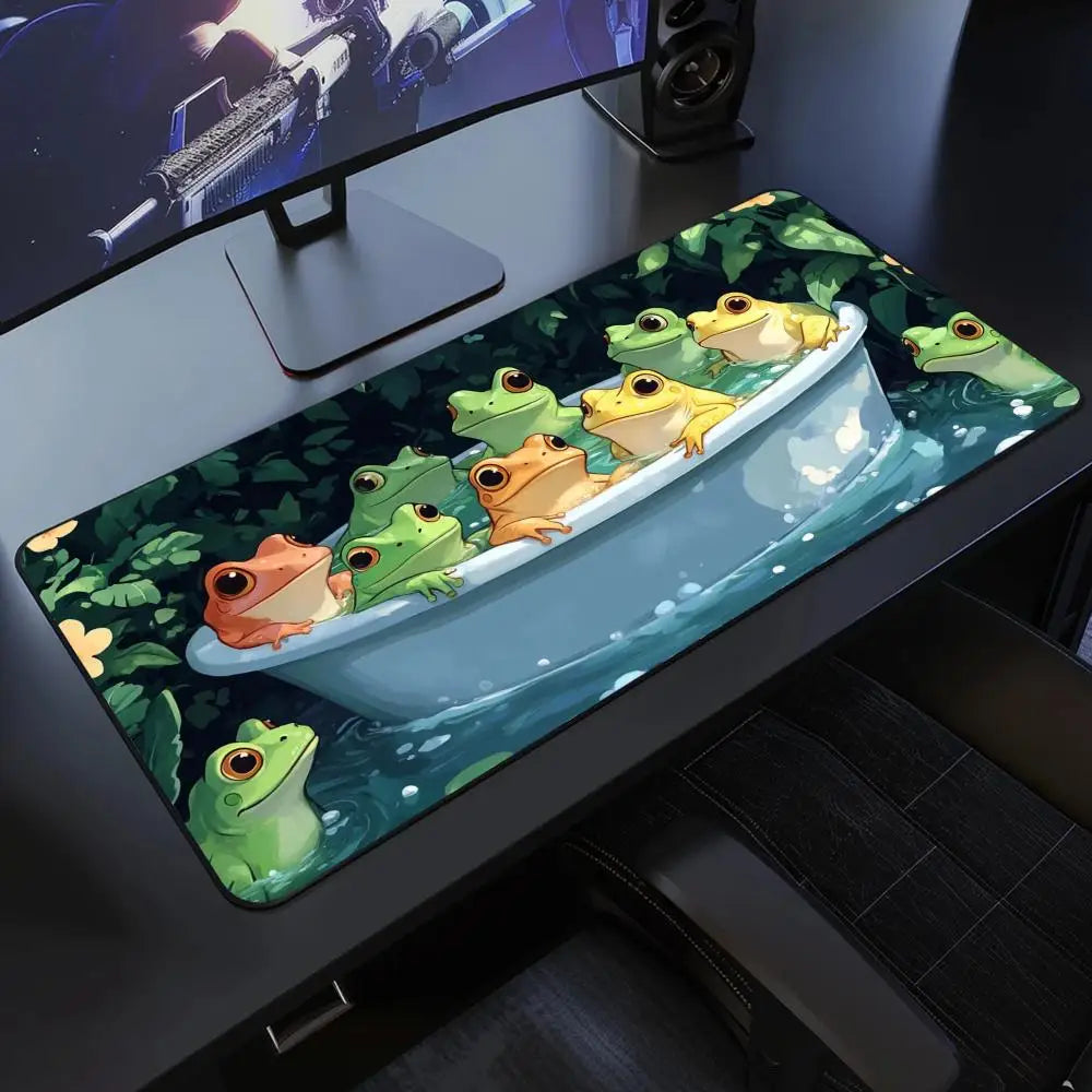 Kawaii frogs Desk Mat Large Gaming Mousepad Xxl Cute Mouse Pad Anime Aesthetic Cozi Lofi Plant Nature Green Extended Deskmat