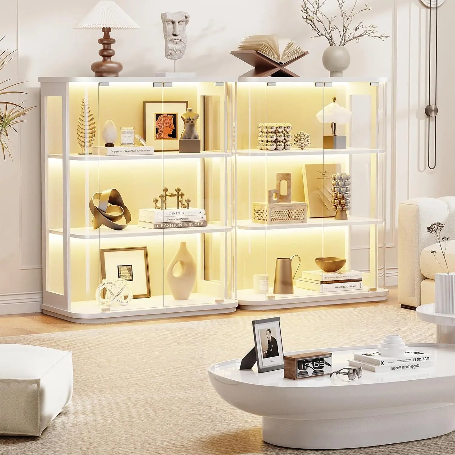 Rounded Display Cabinet with Glass Door, 3-Tier Curio Cabinet with 3 Color Lights for Collectibles, Glass Display, Customized