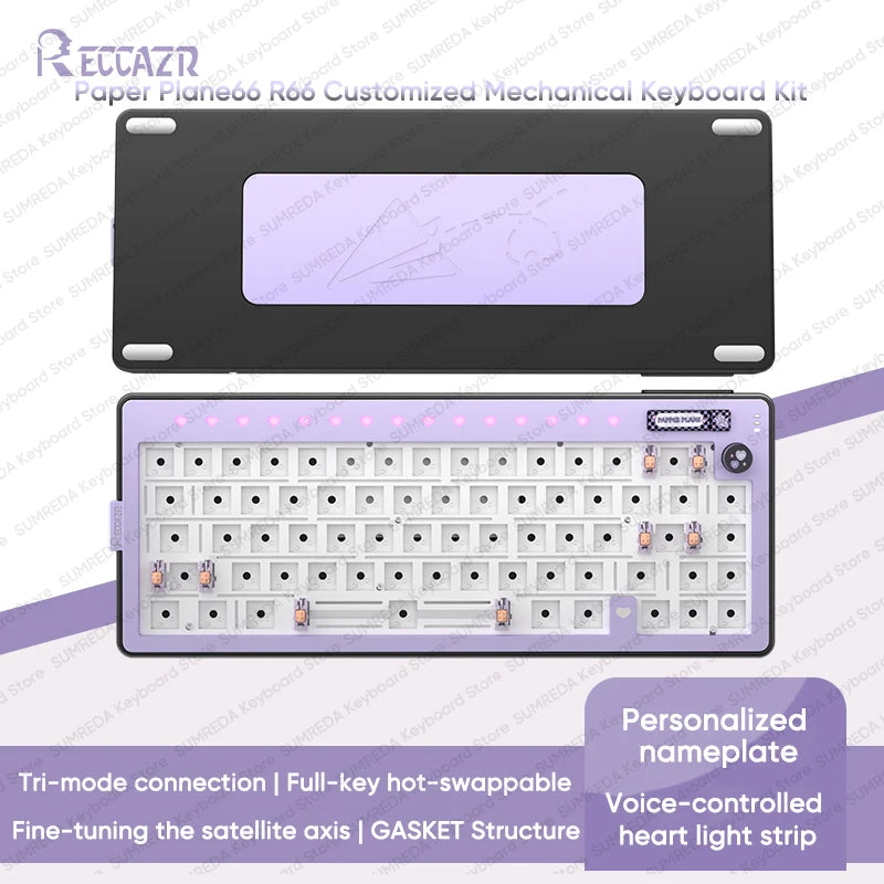 RECCAZR Paper Plane66 R66 Mechanical Keyboard Kit Aluminum RGB Gasket Structure Hot Swap with Control Knob Tri-mode Keyboard