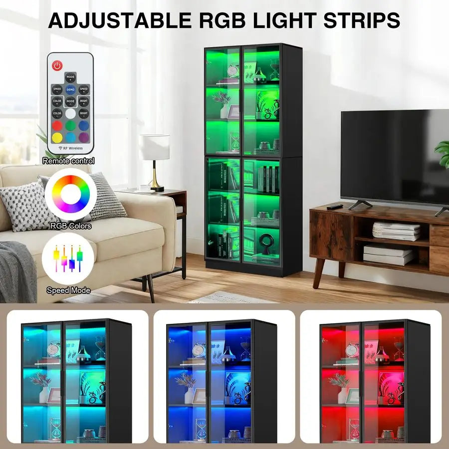 Display Cabinet,78 Inch High Bookshelf, MultiColor LED Ambient Lighting, 6Story Large Storage Space, Transparent Tempered Glass