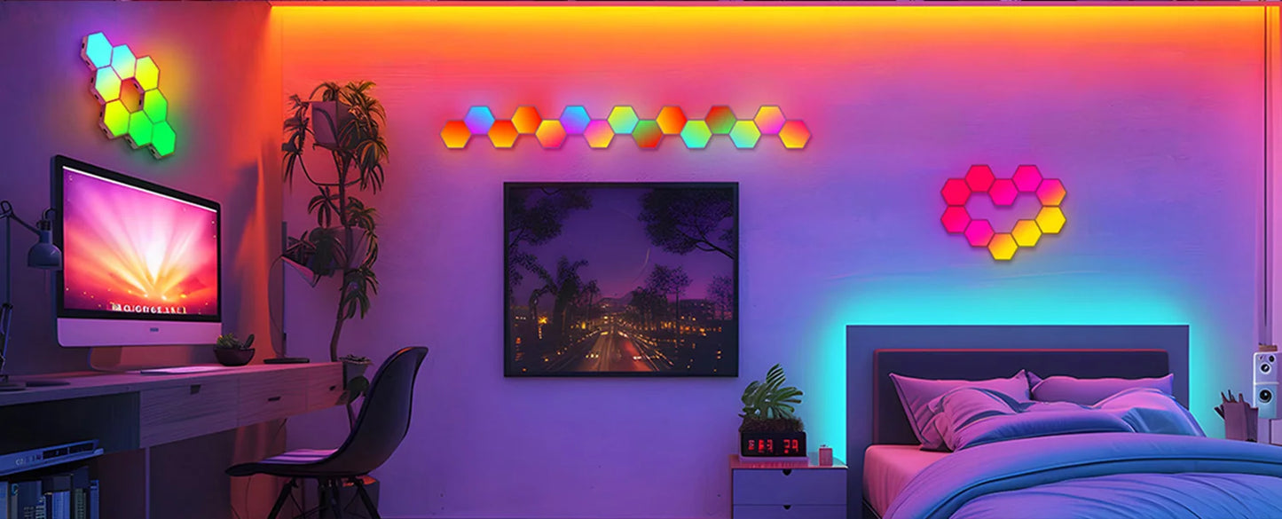 Smart Hexagonal Wall Lamp Color Change Ambient Night Light DIY Shape Music Sync MeRGBW APP Gaming RGB Hexagon LED Lights Bedroom