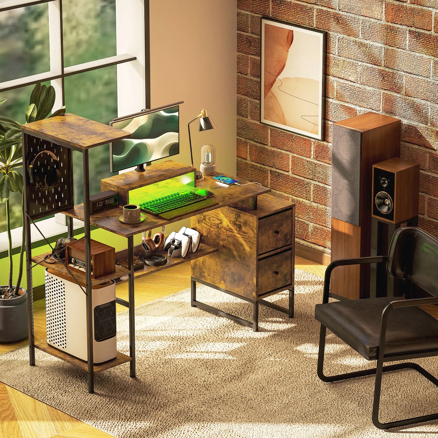 56" Computer Desk with Storage, Computer Table with Power Outlets and Led Lights, Black