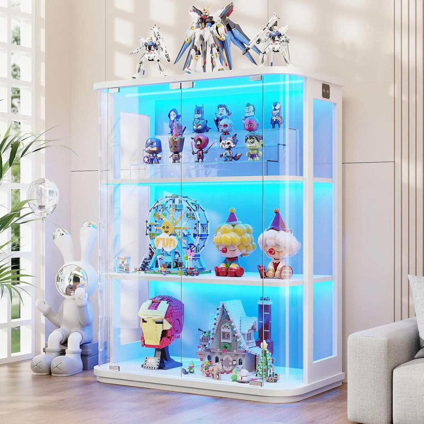 Rounded Display Cabinet with Glass Door, 3-Tier Curio Cabinet with 3 Color Lights for Collectibles, Glass Display, Customized