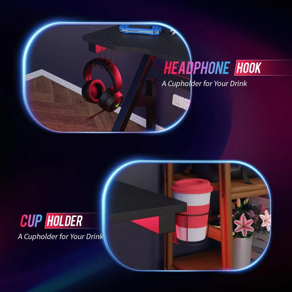 47" Gaming Desk with Carbon Fiber Texture, Cup Holder & Headphone Hook - Sturdy Steel Frame for Home Office