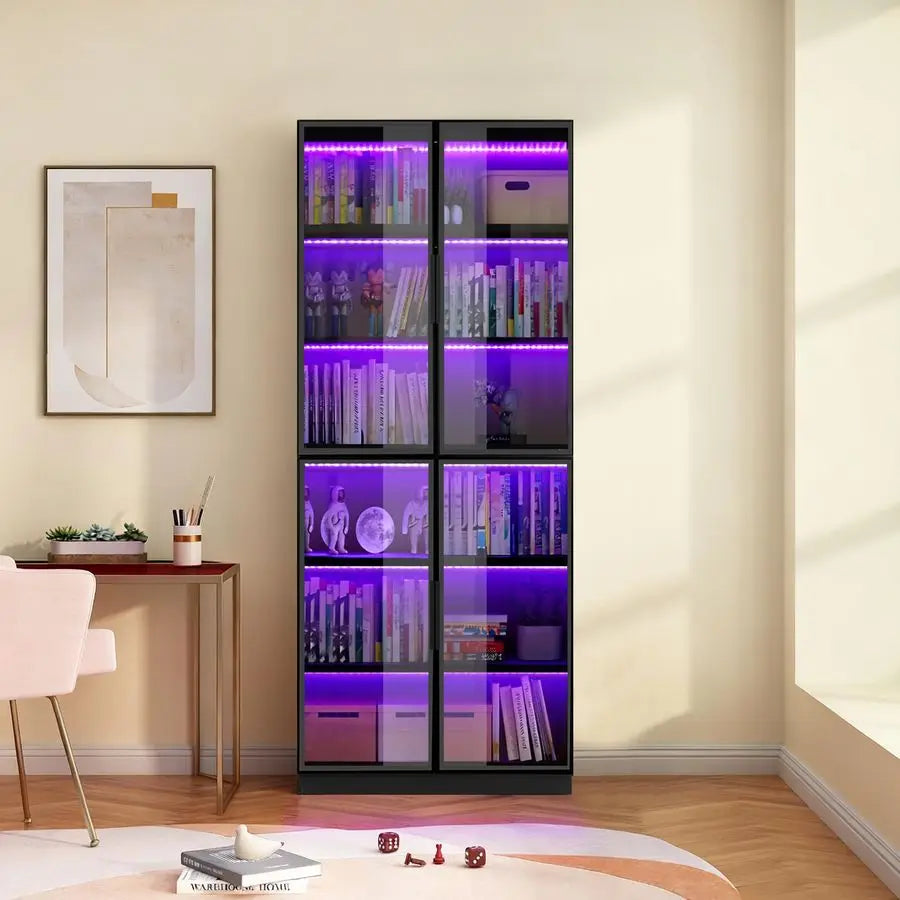 Display Cabinet,78 Inch High Bookshelf, MultiColor LED Ambient Lighting, 6Story Large Storage Space, Transparent Tempered Glass