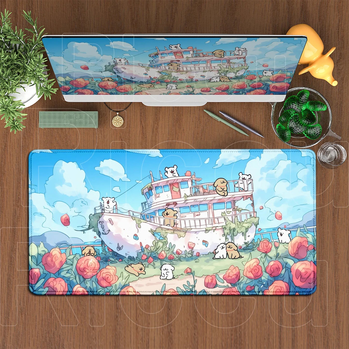 Kawaii Line Puppy Mouse Pad 90x40cm Laptop Decoration Protect Desk Mat XXL Cute Cartoon Maltese Office Non-slip Keyboard Carpets