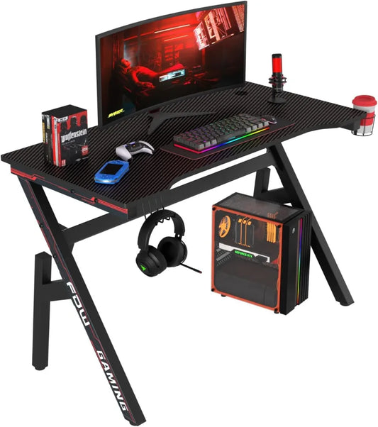 47" Gaming Desk with Carbon Fiber Texture, Cup Holder & Headphone Hook - Sturdy Steel Frame for Home Office