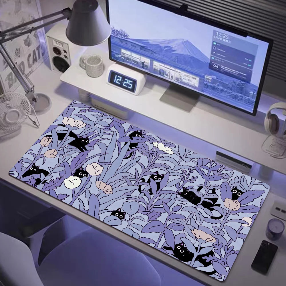 Kawaii Black cat Green plants Mousepad Xxl Anime Pc Gamer Cabinet Desk Mat Keyboard Carpet Computer Gaming Accessories HD pad
