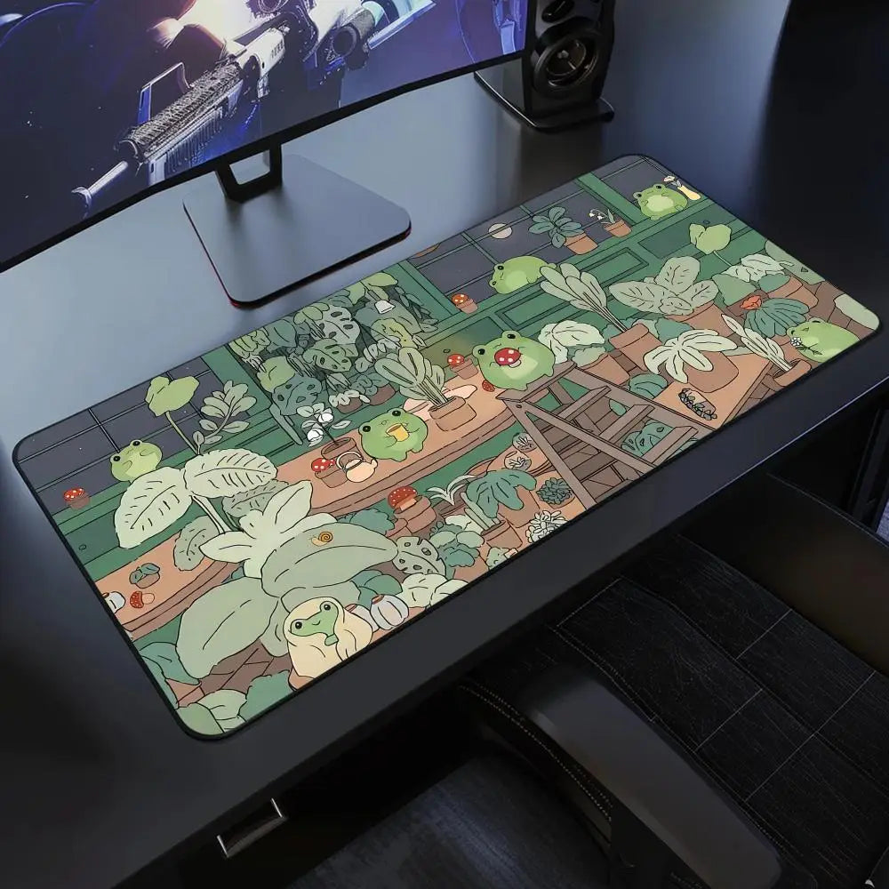Kawaii frogs Desk Mat Large Gaming Mousepad Xxl Cute Mouse Pad Anime Aesthetic Cozi Lofi Plant Nature Green Extended Deskmat