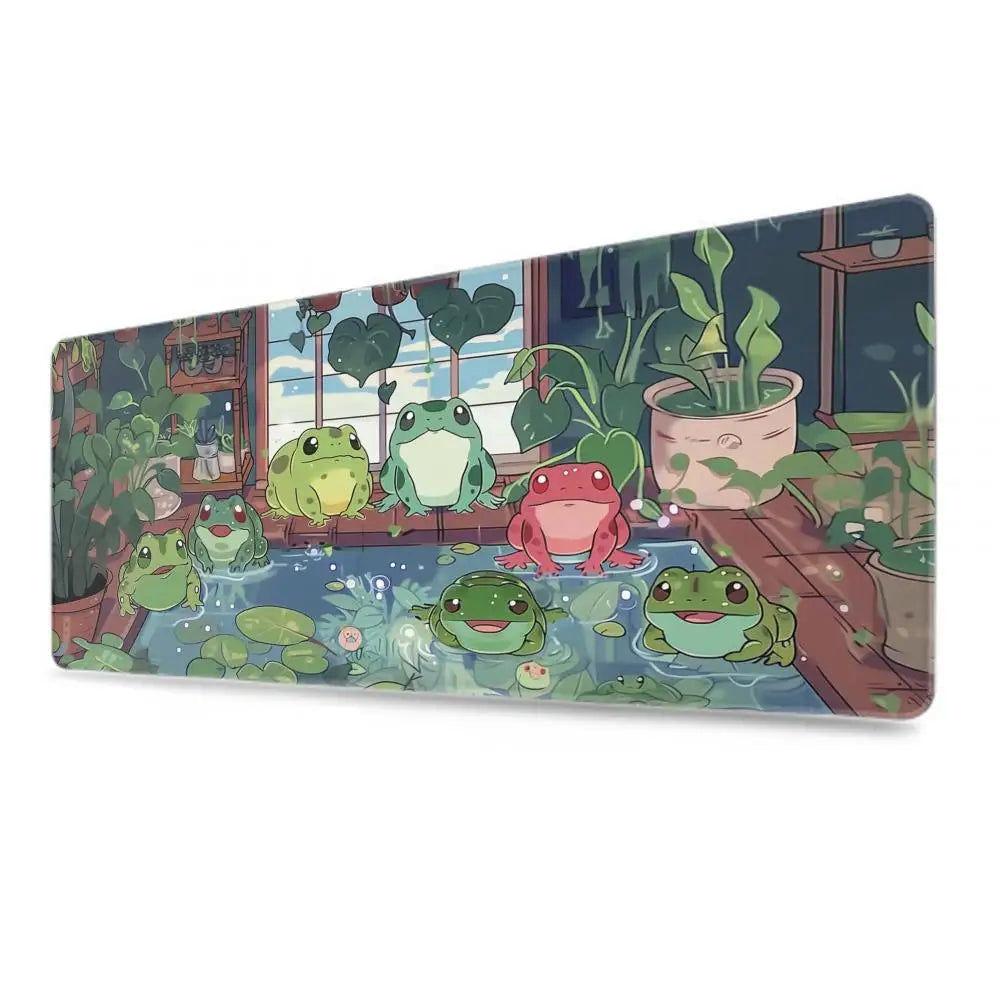 Kawaii frogs Desk Mat Large Gaming Mousepad Xxl Cute Mouse Pad Anime Aesthetic Cozi Lofi Plant Nature Green Extended Deskmat