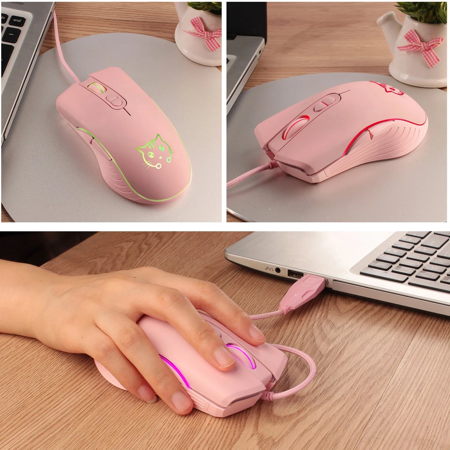 USB Wired Gaming Mouse Pink Computer Professional E-sports Mause 2400 DPI Colorful Backlit Silent Mice for Lol Data Laptop Pc